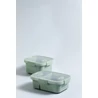 Kép 4/5 - Négyzetes formájú, világoszöld 1,1 literes ételtartó, átlátszó fedővel, amelyen szelep található. Két darab egymásra helyezve, fehér háttéren fotózva, praktikus tárolásra és étkezésre készült.