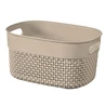 Kép 1/7 - Krémszínű, horgolt hatású CURVER 'FILO RECYCLED' XS kosár, 3,5 literes űrtartalommal, ovális formában. Két fogantyúval könnyen mozgatható, ideális tárolásra kozmetikumoknak vagy konyhai eszközöknek. Fehér háttéren fotózva.