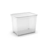 Kép 1/3 - Átlátszó műanyag tárolódoboz fedővel, 70 literes űrtartalommal, ergonomikus fogantyúkkal és pattintós záródással. Ideális mindennapi tárgyak tárolására, otthoni használatra. Fehér háttérrel fotózva.